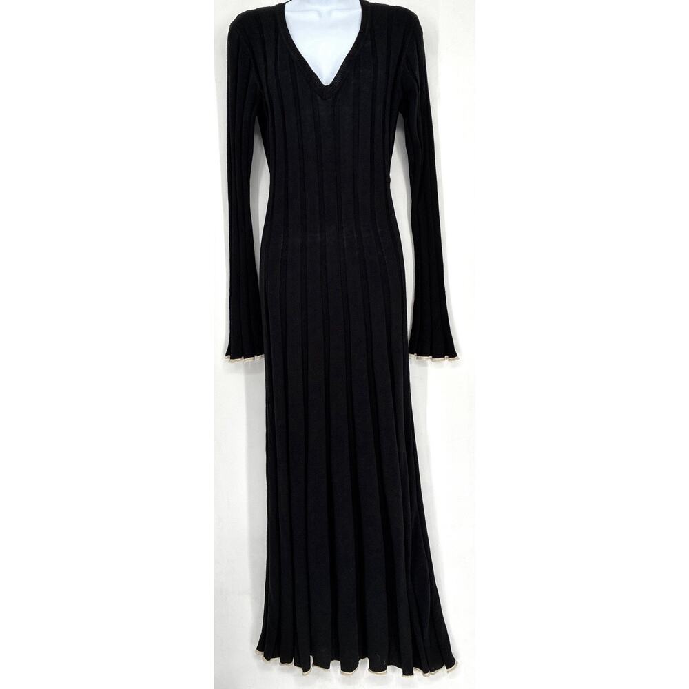 DISSH Black Ribbed Knit Maxi Dress M Tencel Linen V Neck Long Sleeve Ivory Trim - Picture 2 of 8